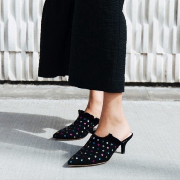 Loeffler Randall Berkley Black Suede Sequin Mule Kitten Heel Pointed Toe size 10